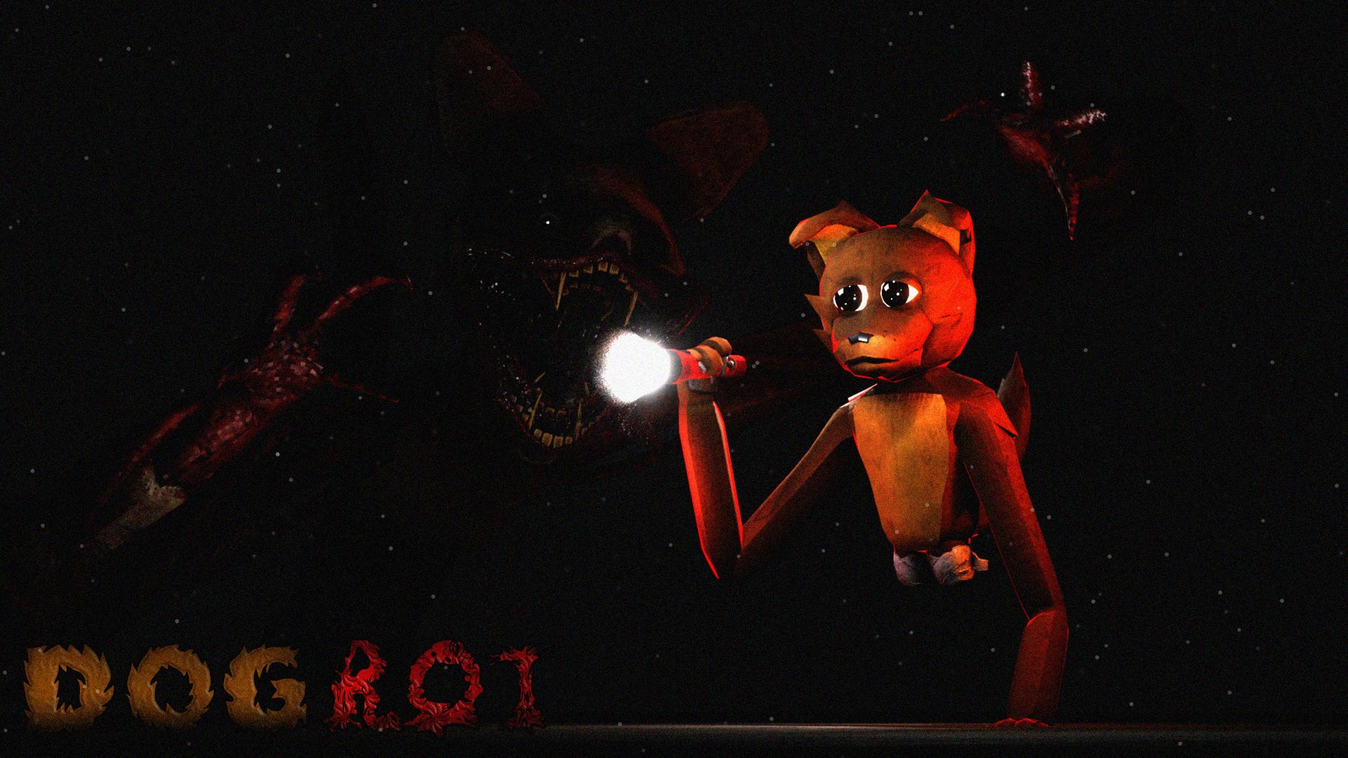 A small dog points a flashlight at a monster in the dark